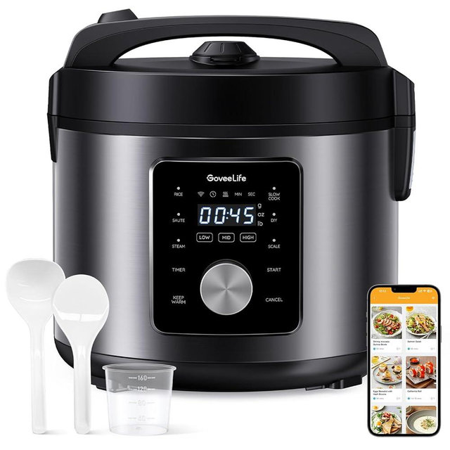 GoveeLife Smart Rice Cooker, 6-in-1 Multi-Cooker, Slow Cooker, Yogurt Maker, Saute Pan, Steamer, Food Warmer, 1000W, 10-Cup Uncooked 5.2 Quart, Includes App with 30 Recipes