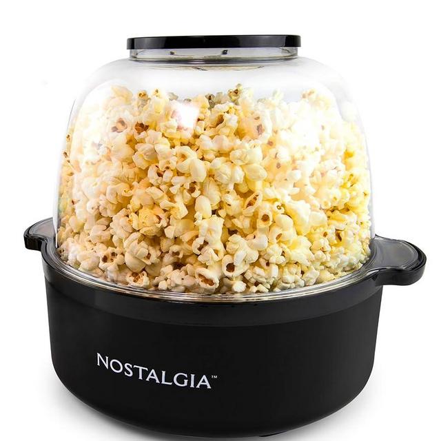 Nostalgia 6-Quart Stirring Popcorn Popper With Quick-Heat Technology, Makes 24 Cups of Popcorn, Kernel Measuring Cup, Oil Free, Makes Roasted Nuts, Perfect for Birthday Parties, Black