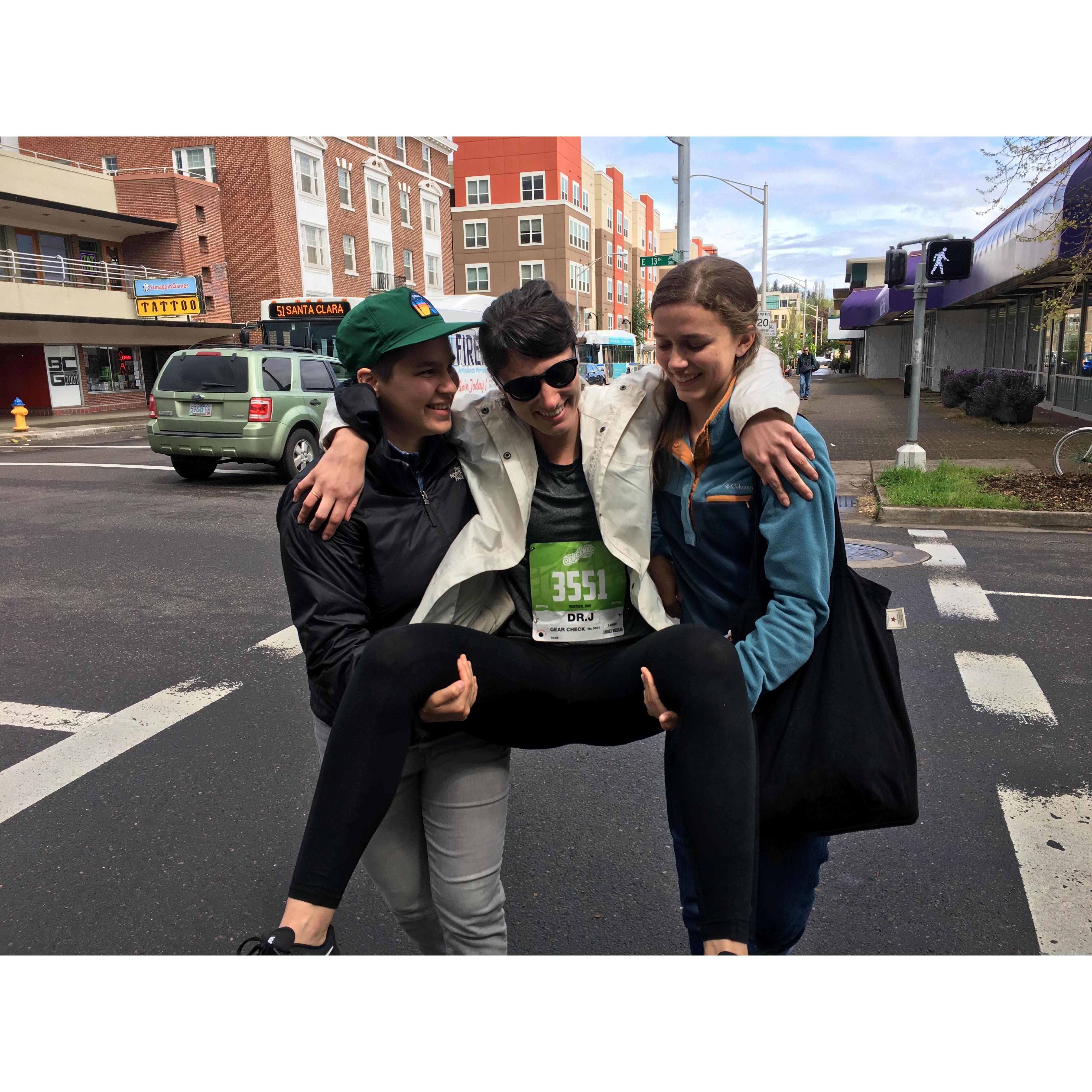 When you run a half marathon after having started training two weeks prior, supportive friends Jojo and Pip carry you to lunch in Eugene.  (Sorry Pre).