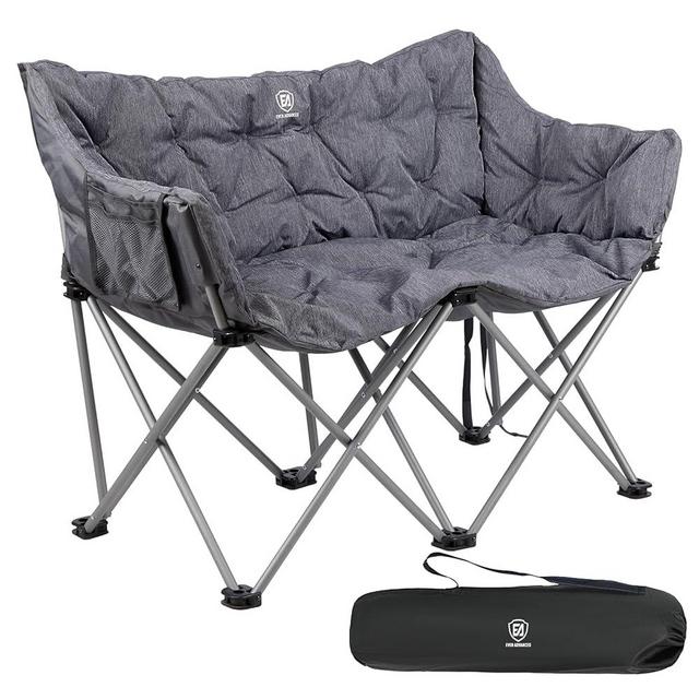 EVER ADVANCED Double Camping Chair for Adults, Padded Folding Camping Love Seat Bench with Side Pocket Portable Camping Couch, Two Person Heavy Duty Folding Outdoor Chair with Cushion,Support 600lbs