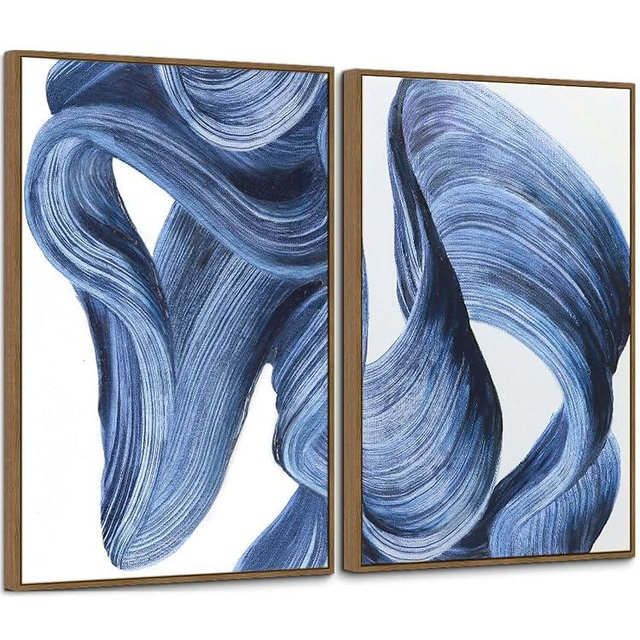 Zessonic Blue Abstract Wall Art Set of 2- Framed Twist Stroke Minimalist Graffiti on White Background Modern Canvas Artwork for Living Room, Bedroom, Office Decor, 24 x 36 Inches x 2