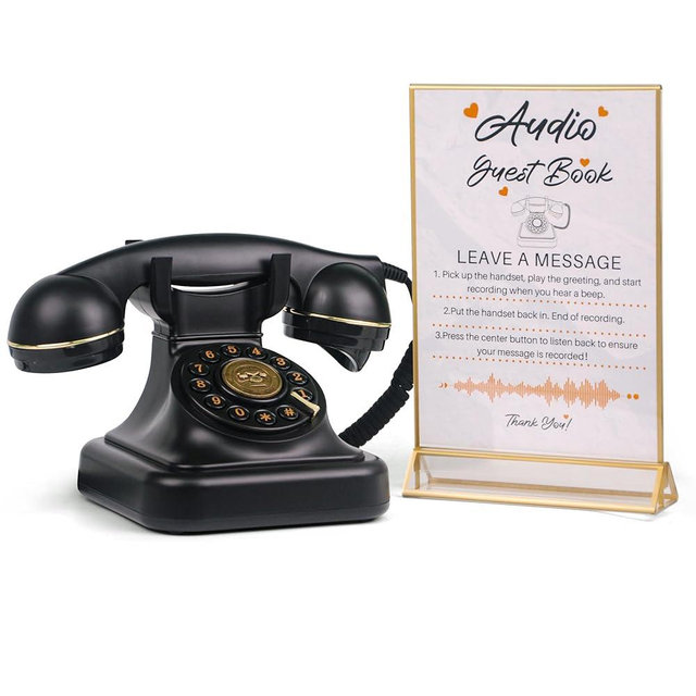 FiayaCom Audio Guest Book Wedding Phone,32GB Memory Record Customized Audio Messages, Volume Adjustable, Suitable for All Kinds of Party (Frosted Black + Sign)