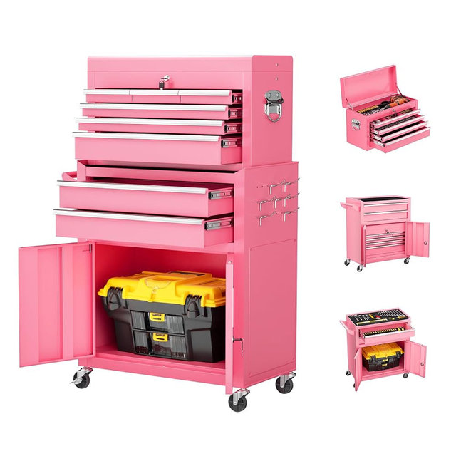Crownland 8 Drawer Rolling Tool Chest with Wheels, Lockable 2 in 1 Detachable Tool Cabinet wit Drawers and Black Liners, Garage Top Toolbox and Bottom Storage Cart with Side Hooks,Pink