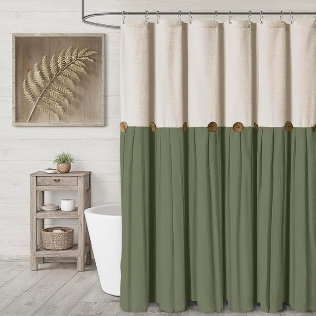 XOGUIBO Farmhouse Shower Curtain Linen Button Woven Fabric Country Rustic Western, Cream & Green 72" W x 72" L