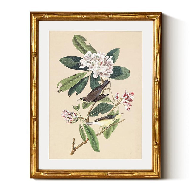 InSimSea Gold Bamboo Framed Canvas Wall Art, 11x14inch, Vintage Bird Floral Botanical Paintings, Antique Picture Frame with Mat, Victorian Home Wall Decor for Living Room Bedroom