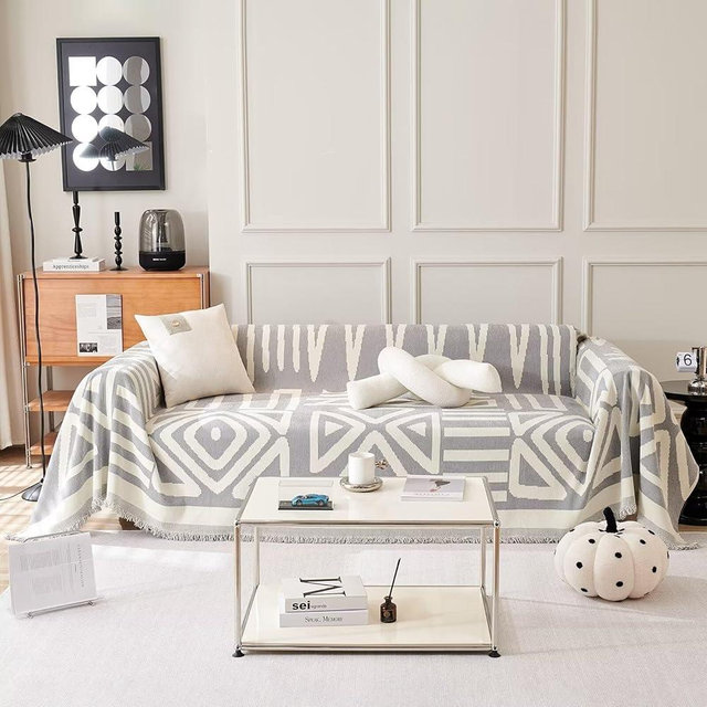 VClife Boho Couch Cover Sectional Sofa Cover Pet Couch Cushion Cover for 2 Cushion Couch Sofa - Washable Lovseat Cover White Cream Grey Plaid Triangle Sofa Slipcover Couch Throw Cover with Tassel