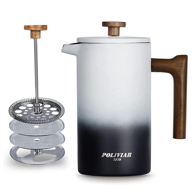 POLIVIAR French Press Coffee Maker, 34 Ounce Coffee Press with Real Wood  Handle, Double Wall Insulation & Dual-Filter Screen, Food Grade Stainless