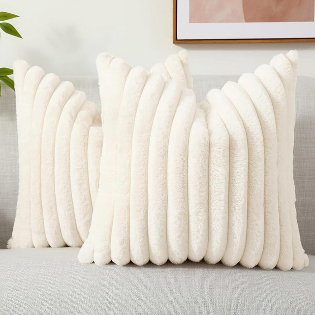 decorUhome Faux Fur Throw Pillow Covers 22x22 Set of 2, Decorative Soft Plush Striped Neutral Couch Pillow Covers with Velvet Back for Sofa, Bed, Living Room Home Decor, Cream White