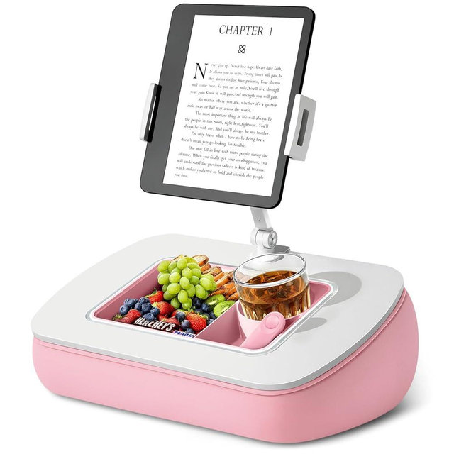 ERGONOV Tablet Pillow Stand for Lap Use with Snack Bowl and 360° Rotating Arm, Adjustable iPad Holder for Bed, Couch, and Recliner, Compatible with 4.7"-13" Kindle, iPad, Tablet, Phone,Pink