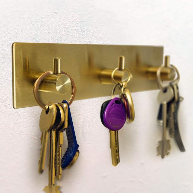 Self Adhesive Stainless Steel Heavy Duty 3 Key Hooks ~ Coat Hanger, Purse Hanger, Towel Hook ~ Easy Mount for Entryway, Bathroom, Living Room, Kitchen Wall (Gold Finish)