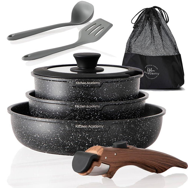 Kitchen Academy Induction Cookware Sets - 8 Piece Non-stick Pots and Pans Set Detachable Handle, Black Granite Cooking Pans Set with Removable Handle, Stackable RV Cookware for Camp