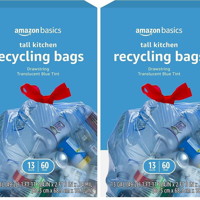 Amazon Basics Blue Recycling Trash Bags, Unscented, 13 Gallon, 60 count (Pack of 2)