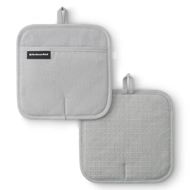 KitchenAid Gridlines Pot Holders 2-Pack, Soft Silicone Grip and Magnetic Cuff, Matte Grey