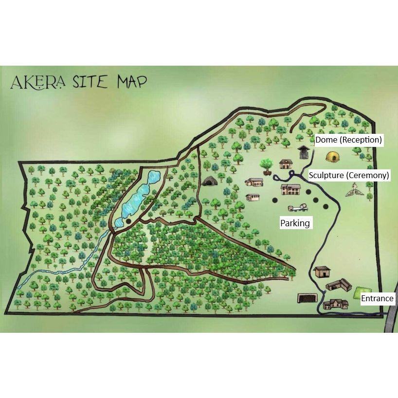 Below is a map of the venue (Akera). The entrance to the property, parking, and locations for the ceremony and reception have been labeled.
