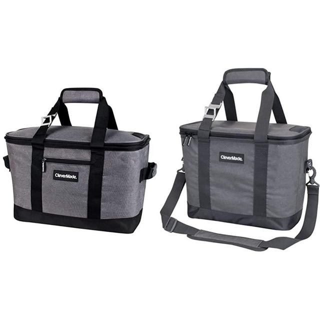 CleverMade Collapsible Cooler Bag, Heather Grey/Black & Collapsible Cooler Bag with Shoulder Strap: Insulated Leakproof 30 Can Portable Soft Beverage Tote with Bottle Opener; Grey/Charcoal