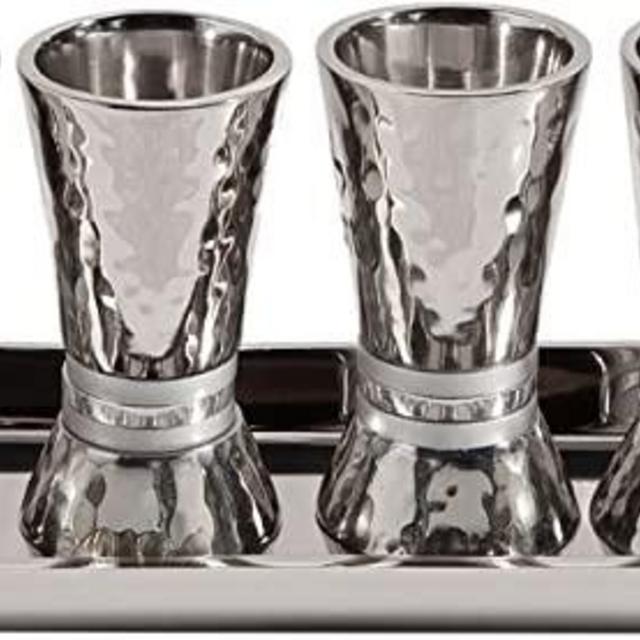 Liquor Cup Set of 6 Hammered Nickel Cone Shaped Designed with Colored Rings (Silver Rings)