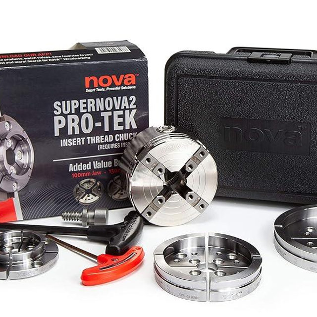 Nova 23108 Supernova 2 Premier Pro-Tek Chuck Bundle for Wood Lathe Turning with Pro-Tek 2" Jaws, 4" Bowl Jaws, 5" Bowl Jaws, Woodworm Screw, Case & Accessories, plus Nova ILNS 1-1/4" x 8tpi Insert