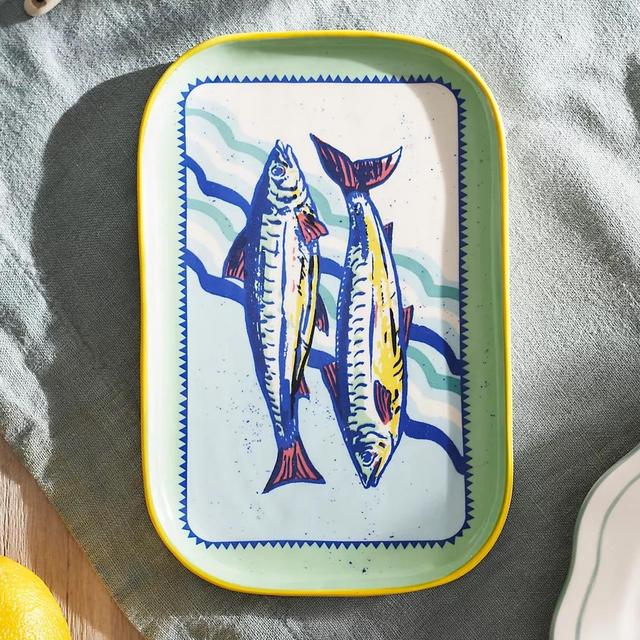 Sardines Stoneware Serving Platter, Small Blue