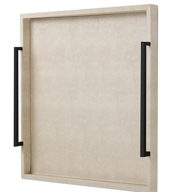 24"x24" Oversized Ottoman Tray with Black Handle for Living Room, Ivory Faux Shagreen Leather Extra Large Square Decorative Tray for Coffee Table Home Accent(Ivory-Black Handle, 24")