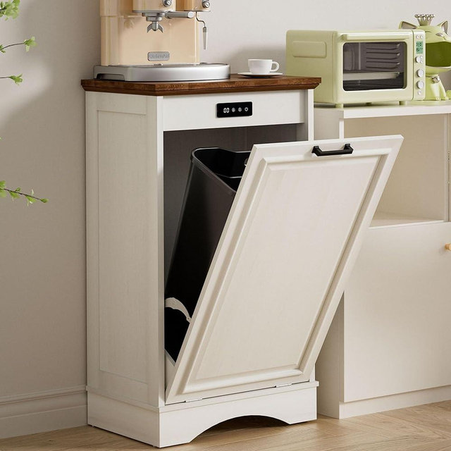 AHB 13 Gallons Tilt Out Trash Can Cabinet Free Standing Recycling Trash Cabinet with Deodorizing Function Hidden Kitchen Waste Bins Pet Proof Trash Can Holder for Kitchen Living Room, Antique White