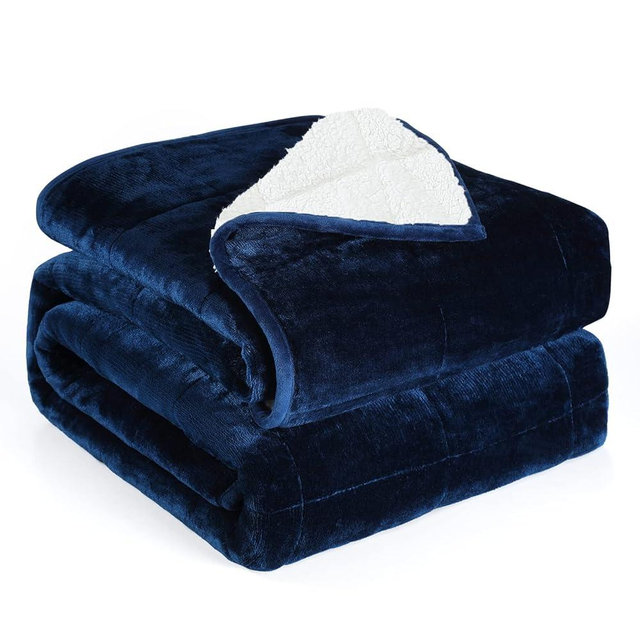 Alomidds Weighted Blanket Queen Size 15lbs 60x80 inches, Sherpa Weighted Blankets for Adults,Fluffy Warm Sherpa & Cozy Soft Flannel Thick Heavy Blanket for All-Season with Glass Beads, Navy