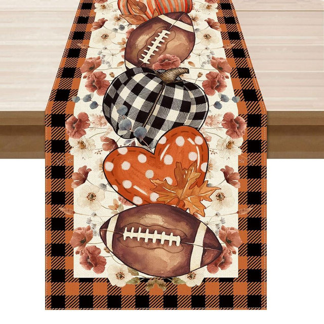 XCHI Fall Football Pumpkin Love Heart Flowers Plaid Table Runner Table Decoration for Kitchen Dining Dinner Autumn Home Decor 13x108 Inch