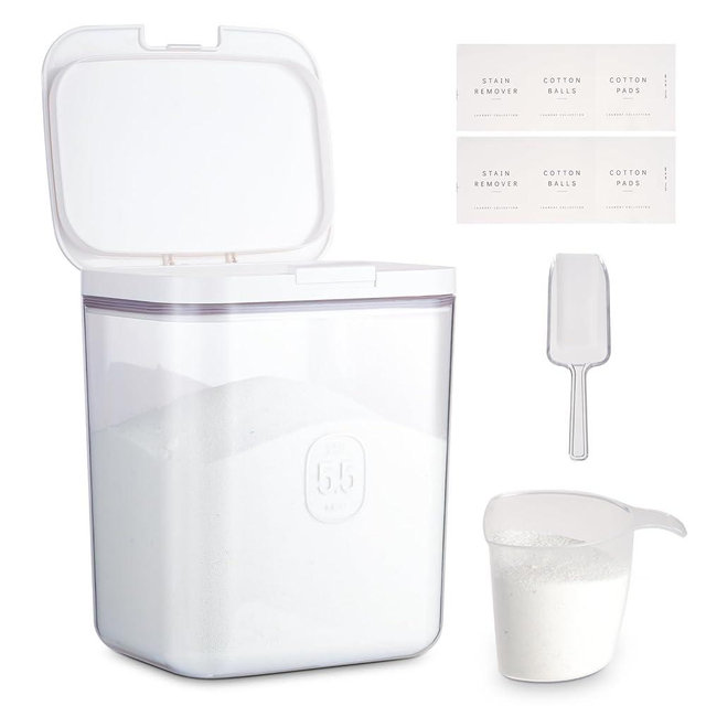 Large Capacity Laundry Powder Container With Pop-Up Lid, 5.5L Detergent Holder for Laundry Pods and Airtight Dishwasher Pod, Storage Container for Dry Food, Rice Flour with Scoop and Measuring Cup