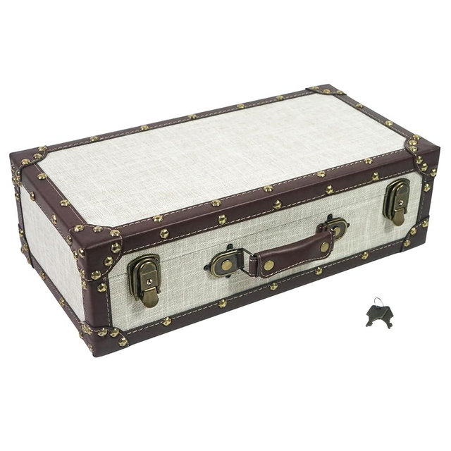 DreamsEden Small Wooden Treasure Chest with Lock, Vintage Suitcase Wood Keepsake Storage Box with Lid, Linen Fabric Covered