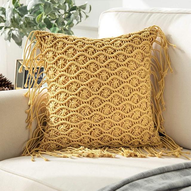 Phantoscope 100% Cotton Handmade Crochet Woven Boho Throw Pillows with Tassels Cute Farmhouse Pillows Insert Included Lumbar Small Decorative Cushion for Couch Sofa, Ginger,18 x 18 inches 45 x 45 cm
