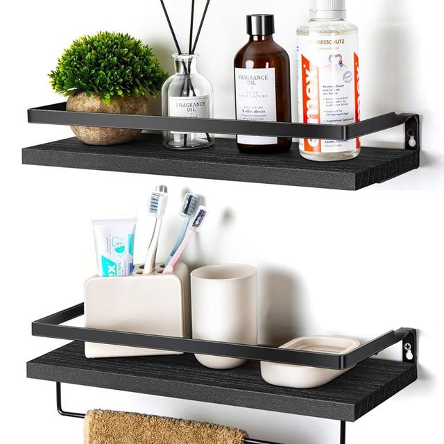 SODUKU Floating Shelves for Wall, Bathroom Shelves with Towel Bar, Wall Mounted Storage Shelves for Kitchen, Bathroom, Set of 2 Black