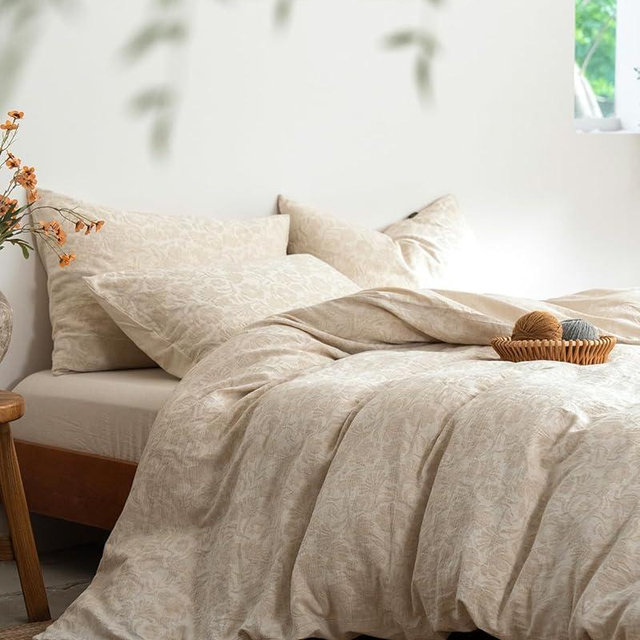 MILDLY Linen Cotton Duvet Cover - Jacquard Textured Paisley Comforter Cover Set 3pcs with Zipper Closure Breathable & Minimalist for All Season