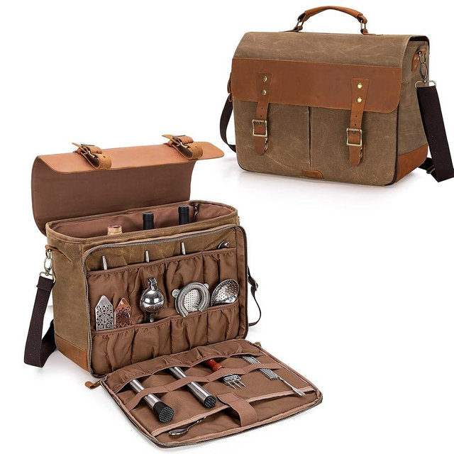 LoDrid Vintage Bartender Kit Bag with Flexible Compartments for Wine, Leather Waxed Canvas Bartender Bag with Removable Dividers, Bar Bag with Handle and Shoulder Strap, Bag Only, Patent Design