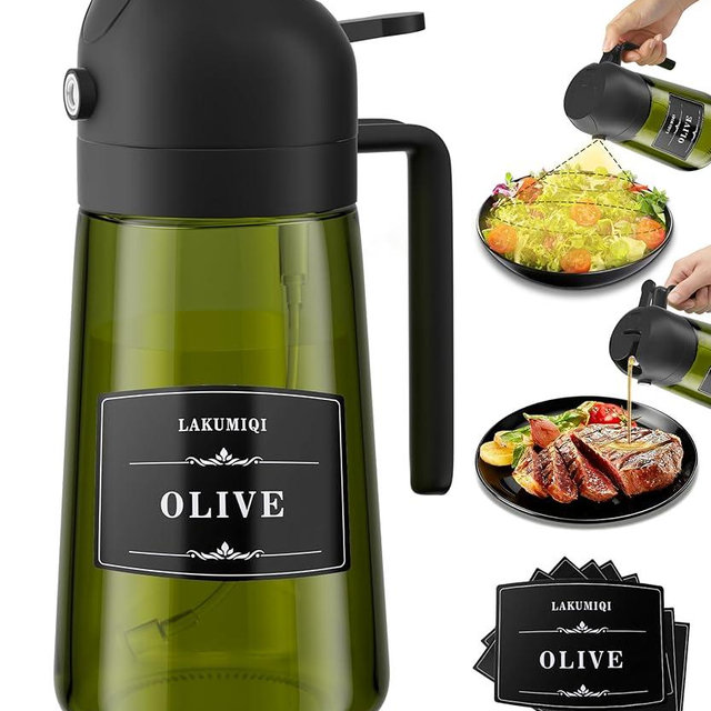 LAKUMIQI 2-in-1 Oil Sprayer & Dispenser 16oz for Kitchen, Glass Olive Oil Bottle with Spray-or-Pour, UV-Blocking，Leakproof for Salad Air Fryer BBQ