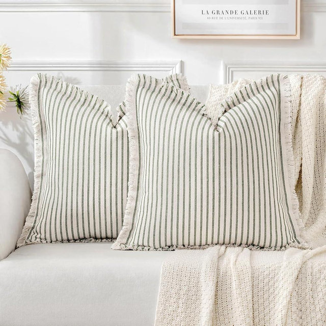 MIULEE Pack of 2 Olive Green Pillow Covers 18x18 Inch Striped Farmhouse Couch Throw Pillow Covers with Fringe Chic Linen Decorative Cushion Covers for Sofa Living Room Bed Home Decor