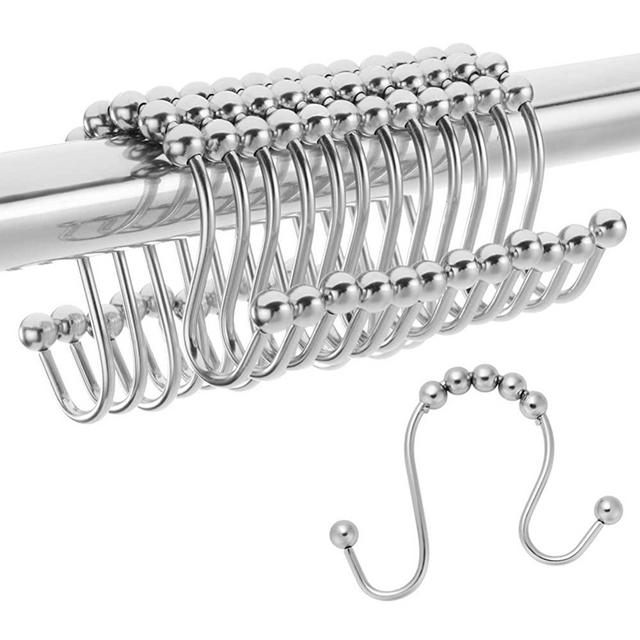 Amazer Shower Curtain Hooks Rings Double Shower Curtain Rings Stainless Steel Rust-Resistant Double Glide Shower Hook Rings for Bathroom Shower Rod Curtains, Polished Chrome, Set of 12 Hooks