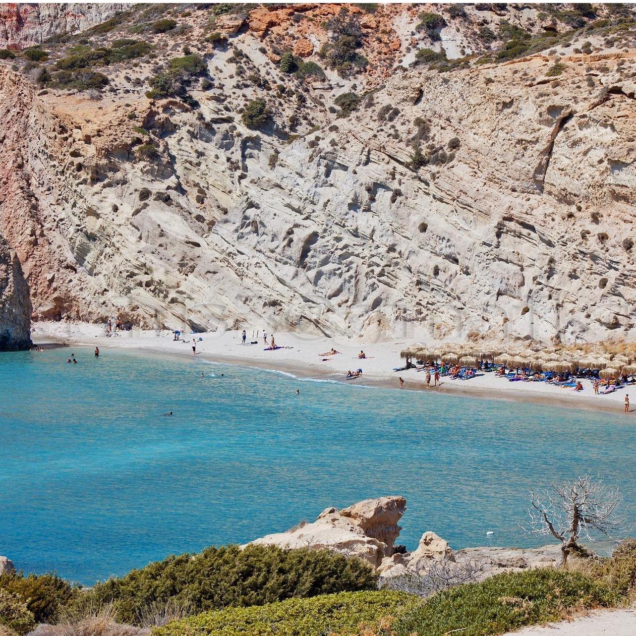 Paliochori Beach, one of the best beaches in Milos. Deep Blue Beach bar is nested on the cliff just above the beach. A must see.