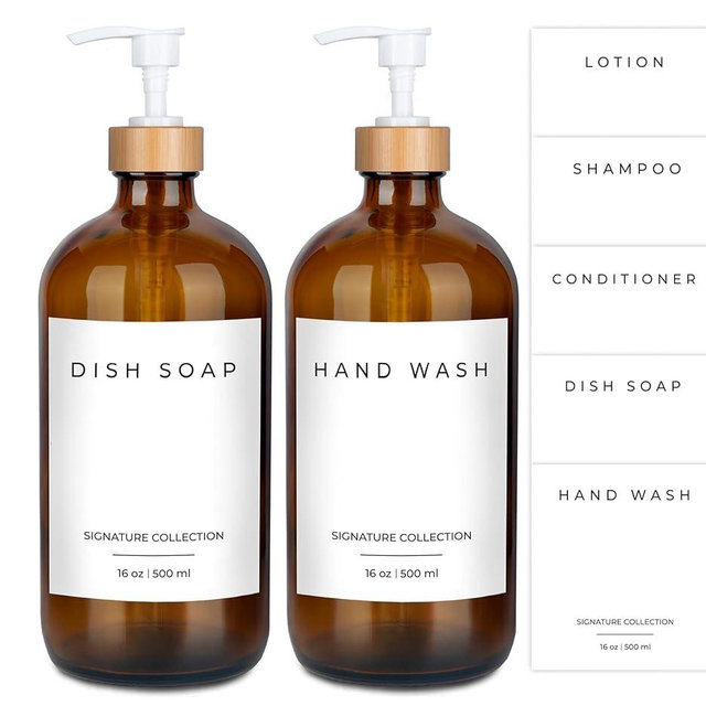 Emerson Glass Soap Dispenser Set - Kitchen & Bathroom, 16 Oz, 2 Pack with Pump and Labels