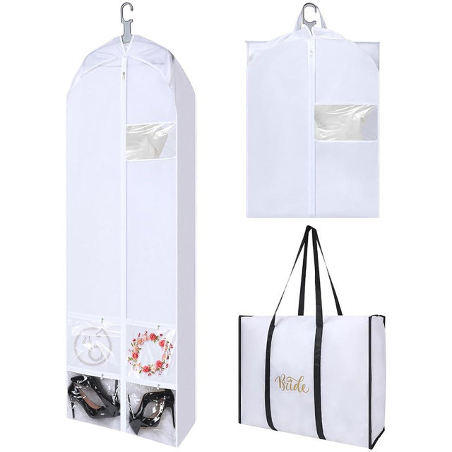 Shinylin 70" Oxford Foldable Wedding Dress Garment Bag Bride Tote Bag 4 Pockets Bride Gowns Bag for Prom Evening Dress