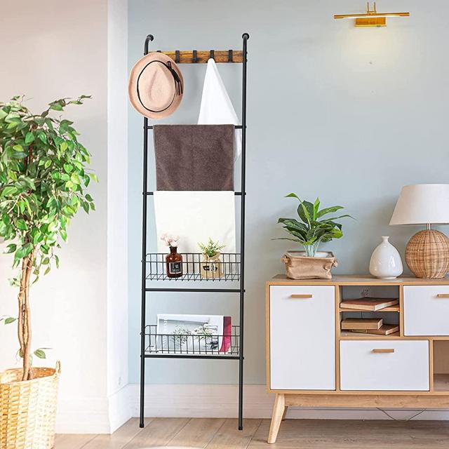 OYEAL Blanket Ladder Shelf, 5 Tier Blanket Holder Rack with Storage Basket, Removable Hooks, Towel Ladder Quilts Rack for Living Room, Bathroom, Bedroom, Stable and Sturdy, Black