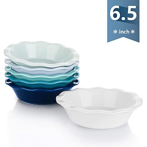 Sweese 521.003 Porcelain, Mini Pie Pan Set, 6.5 Inch - 12 oz Individual Pie Plate, Non-Stick Pie Dish, Round Pie Tins with Ruffled Edge, set of 6, Cool Assorted Color