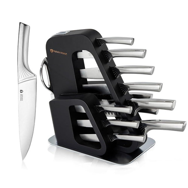 KINGSTONE 14 Pcs Kitchen Knife Set with Block, German Stainless Steel Knife Set with Built-in Sharpener, Dishwasher Safe Knife Block Set (Black, 14pcs)