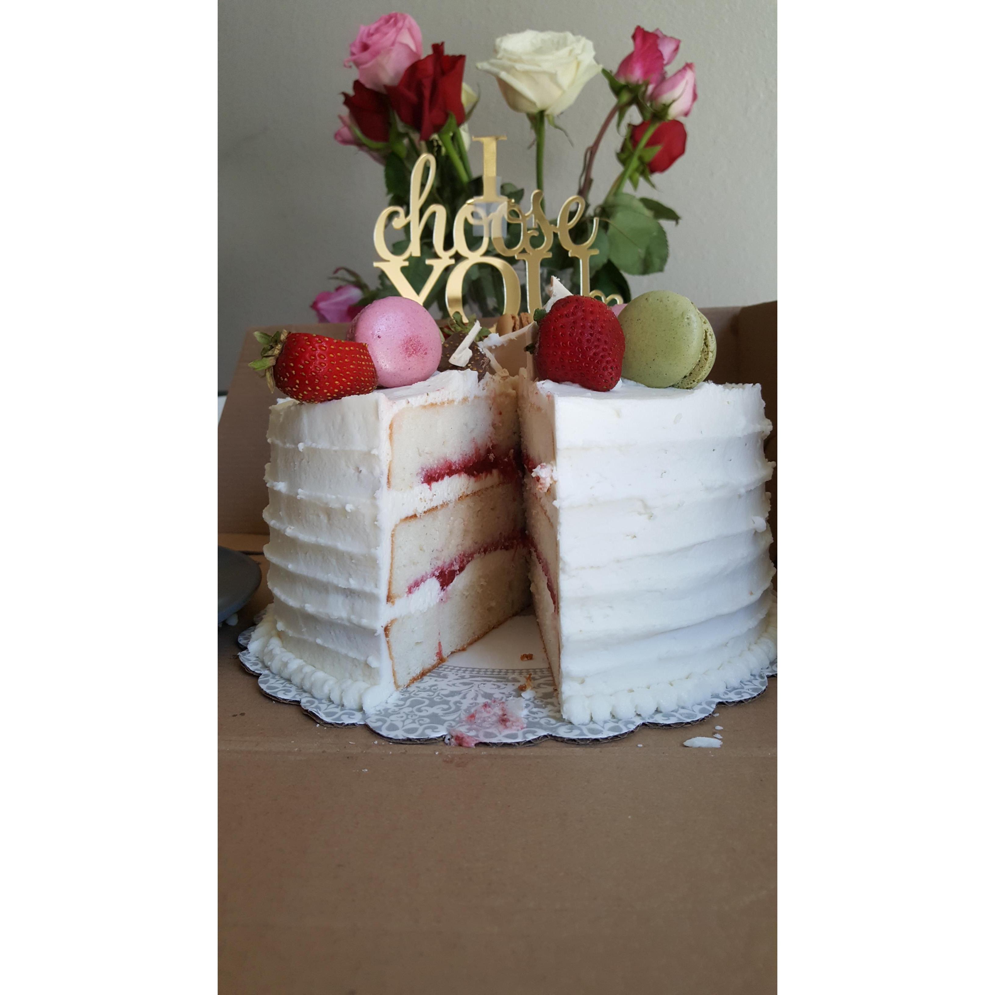 Almond cake, strawberry compote and mascarpone cream filling, with white buttercream frosting