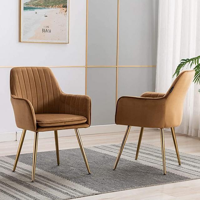 Artechworks Velvet Modern Living Dining Room Arm Chair Club Leisure Guest Lounge Bedroom Upholstered Chair with Gold Metal Legs, Camel Color 2 Pcs Chairs