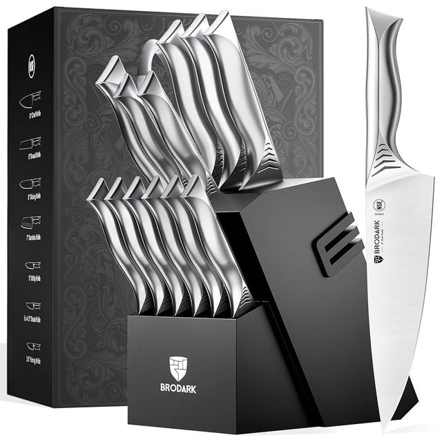 BRODARK Kitchen Knife Set with Block - 15-Piece Knife Block Set with Built-in Sharpener - High Carbon Stainless Steel Kitchen Knives Set for Kitchen - Shark Series