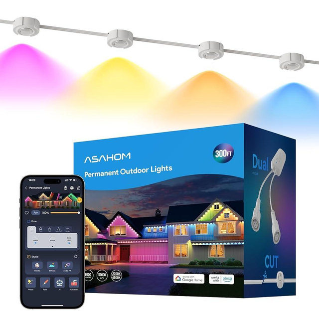 ASAHOM AI Permanent Outdoor Lights S107D, 200FT with 72 RGBCW LED Lights, 30,000 Lighting Effect, Controller with Dual Output, Extend to 800FT, Cuttable for House Outdoor Decor Daily Lighting, White