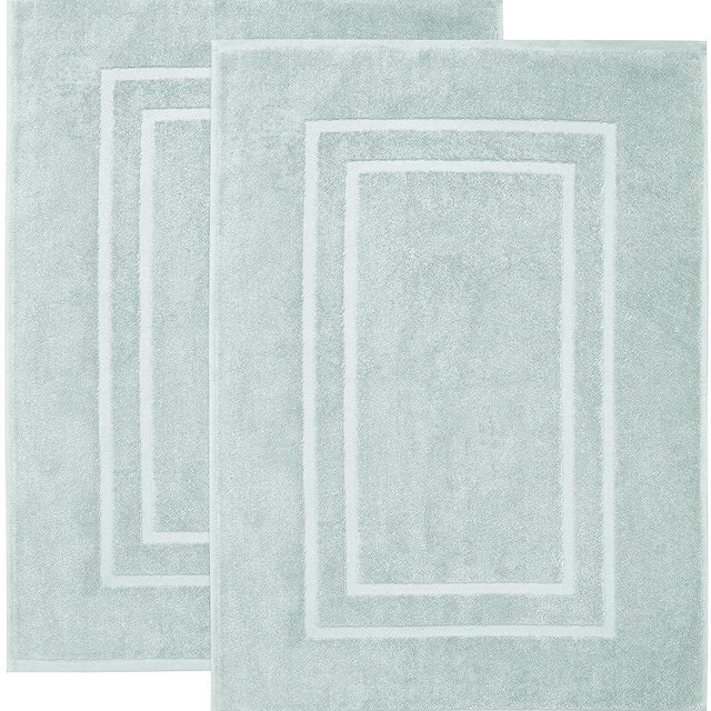 Feather & Stitch 2 Piece Towel Like Bath Mats (30x21 Inch) 100% Cotton Terry Mat for Hotel, Spa, Shower Floor Mats [NOT A Bathroom Rug], Soft Absorbent Washable Mats - Frost