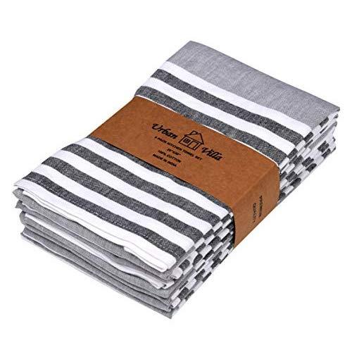Urban Villa Kitchen Towels, Horizontal stripes,Premium Quality,100% Cotton Dish Towels,Mitered Corners,Ultra Soft (Size: 20X30 Inch), Grey/black, Highly Absorbent Bar Towels & Tea Towels - (Set of 6)