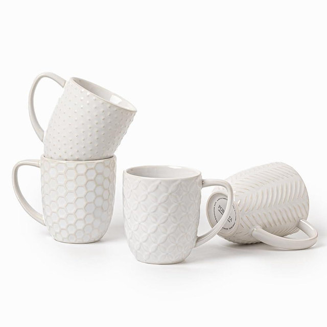 FOBENTA Ceramic Coffee Mugs Set of 4, 12oz Embossed Cups in Four Artful Textures – A Gift of Warm Mornings and Quiet Joys for Women, Moms, or Friends – Microwave & Dishwasher Safe