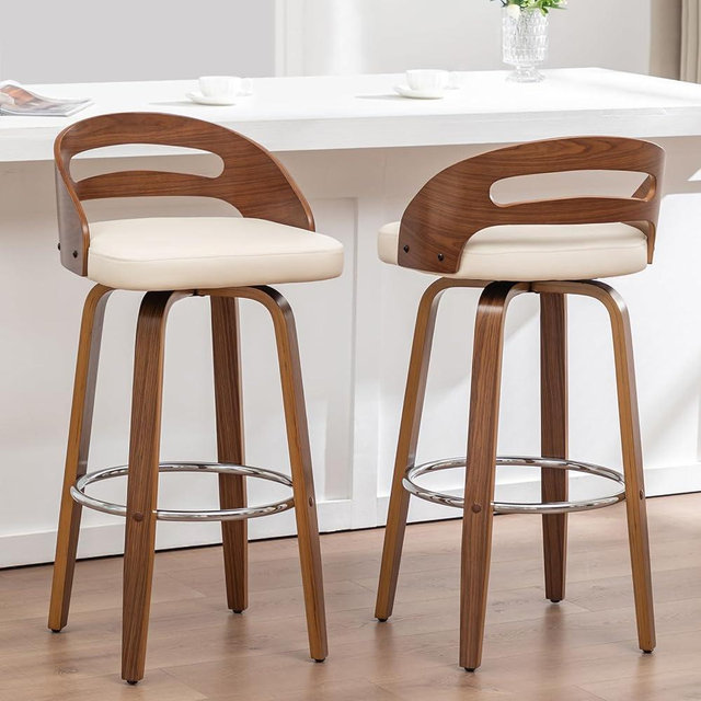Counter Stools Set of 2, 25 inch Mid Century CounterStools with Walnut Crafts, Bentwood Curved Back, Upholstered Faux Leather, Kitchen Island Stools for Cafe/Pub/Island (Beige, 25" Seat Height)