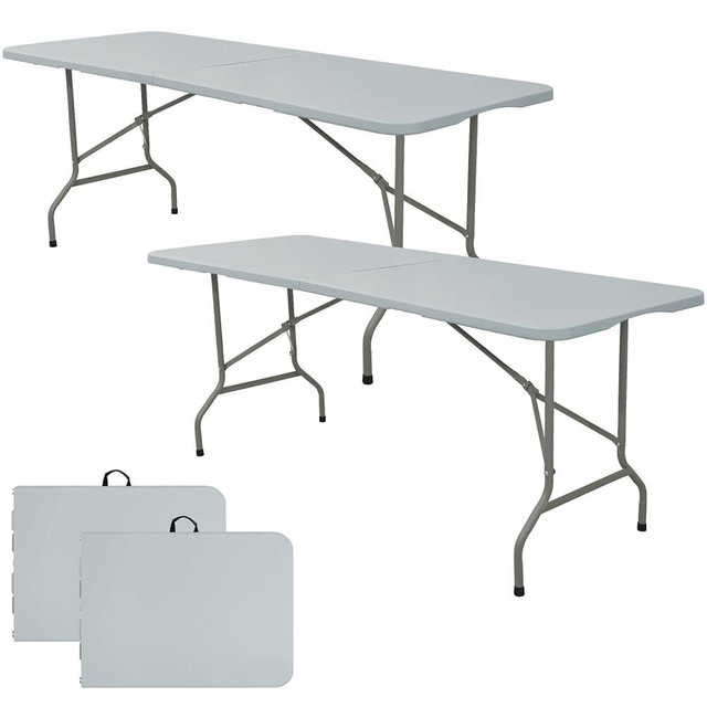 Set of 2 Folding Table 6 FT Lightweight Camping Table Portable Plastic Rectangular Outdoor Dining Table Steel Legs Fold-in-Half with Carrying Handle for Indoor,Picnic,Party,Wedding,Events(Grey)